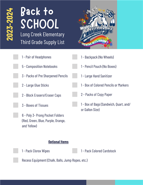 2023-2024 Third Grade School Supply List